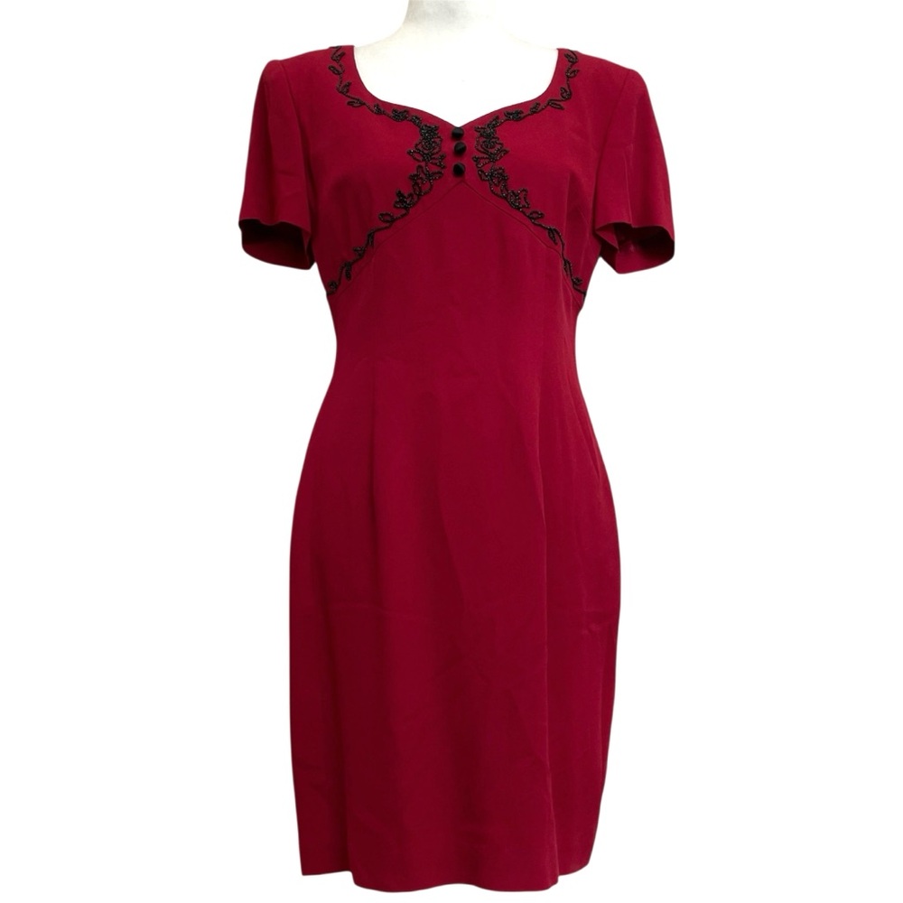Donna Ricco Vintage Red Beaded Embroidery Mod Style Evening Pencil Dress